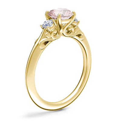 Vintage Three Stone Engagement Ring with Round Morganite in 18k Yellow Gold (6.5mm)
