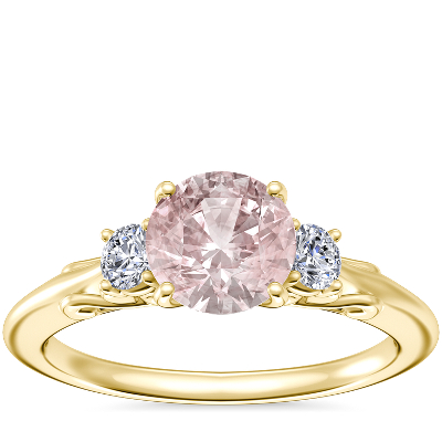 Vintage Three Stone Engagement Ring with Round Morganite in 18k Yellow Gold (6.5mm)