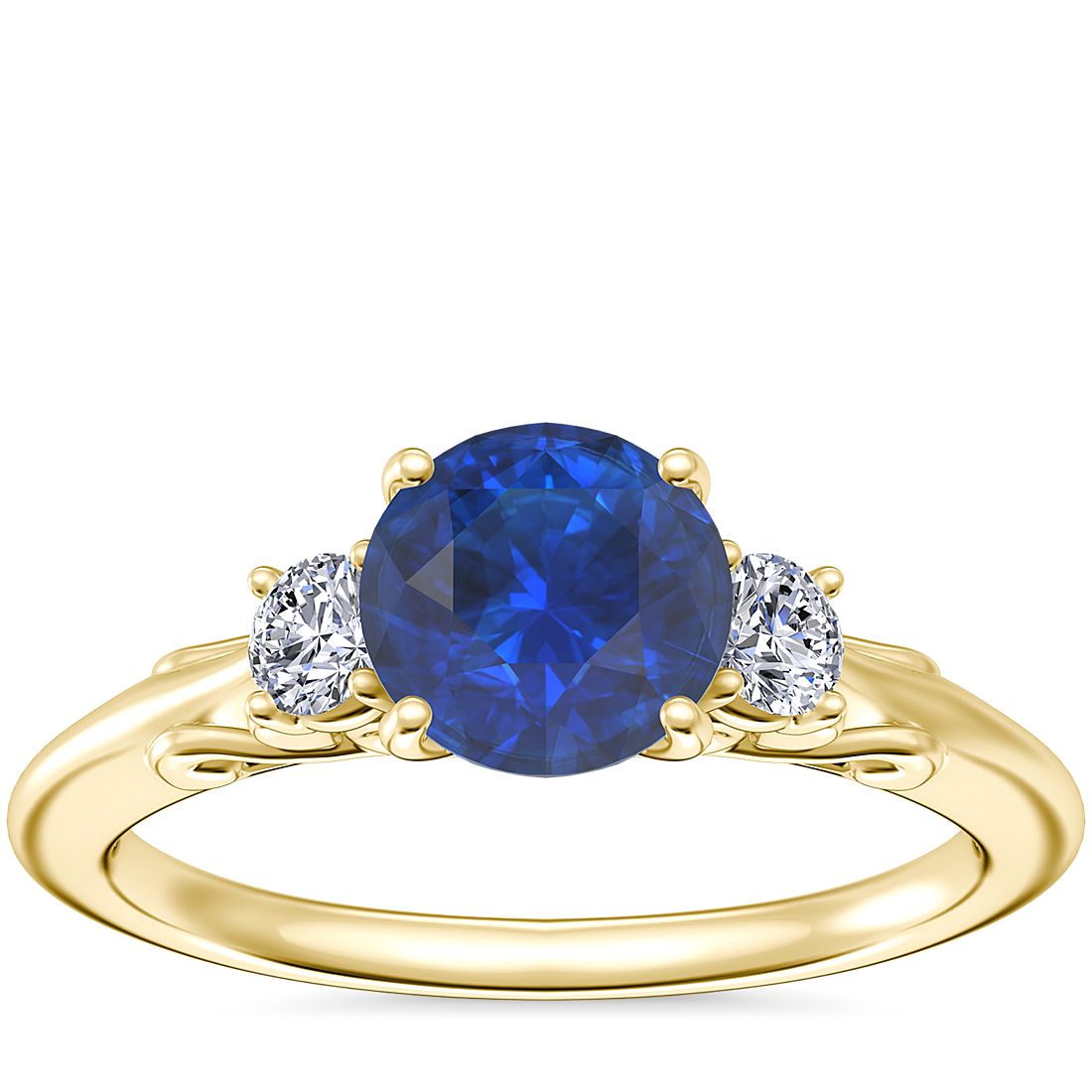 Vintage Three Stone Engagement Ring with Round Sapphire in 14k Yellow Gold (6mm)