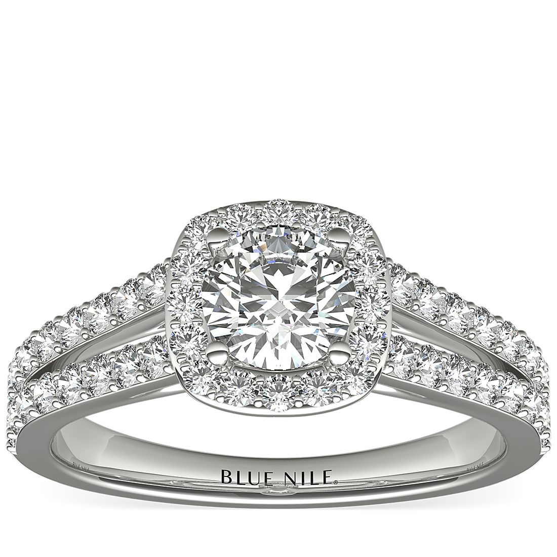 1/2 Carat Ready-to-Ship Split Shank Halo Diamond Engagement Ring in 14k White Gold