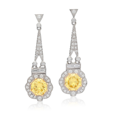Estate Fancy Intense Yellow Diamond Drop Earrings in