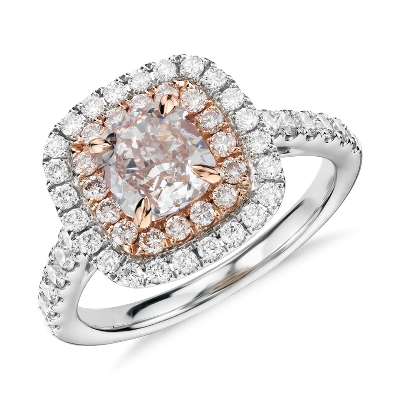 Fancy Light Pink Diamond Double Halo Cushion-Cut Ring in 18k White and ...