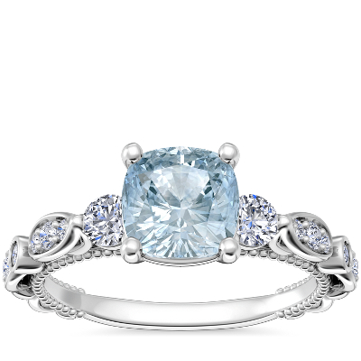 Floral Ellipse Diamond Cathedral Engagement Ring with Cushion Aquamarine in 14k White Gold (6.5mm)