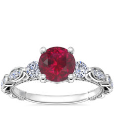 NEW Floral Ellipse Diamond Cathedral Engagement Ring with Round Ruby in 14k White Gold (6mm)