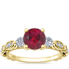 新款 14k 黃金花卉橢圓形鑽石大教堂訂婚戒指搭圓形紅寶石 （6 毫米）