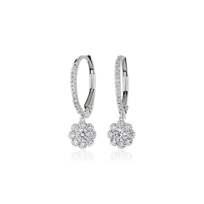 Floral Milgrain Diamond Drop Hoop Earrings in 14k White Gold (1/2 ct
