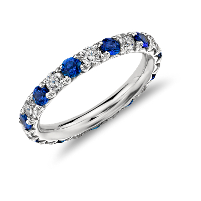 French Pavé Sapphire and Diamond Eternity Ring in 14k White Gold (1 ct