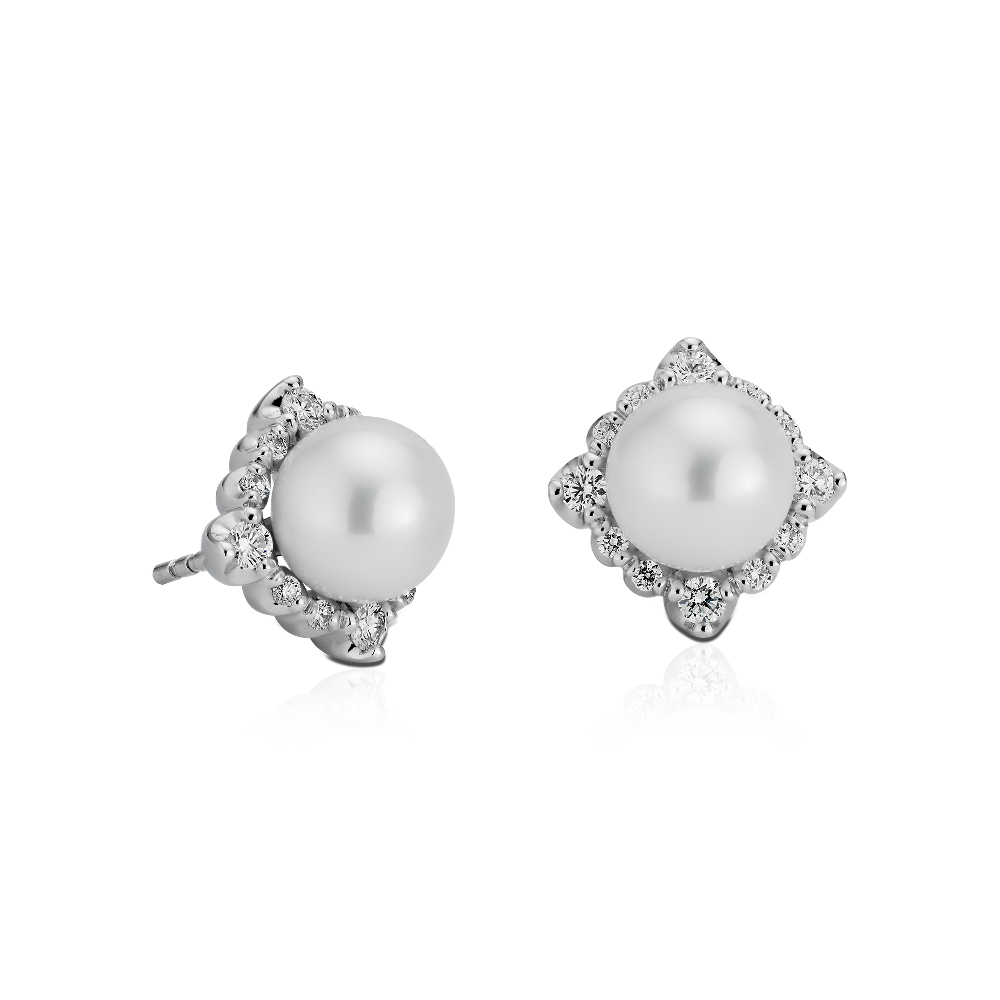 "Vintage-Inspired Freshwater Cultured Pearl Diamond Halo Earrings in 14k White Gold (7-7.5mm)"