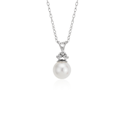 Freshwater Cultured Pearl and Diamond Pendant in 14k White Gold (7mm ...
