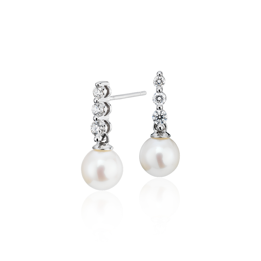 "Freshwater Cultured Pearl Trio Diamond Drop Earrings in 14k White Gold"