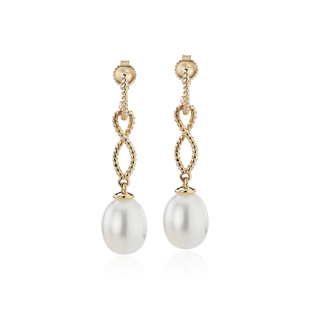 "Freshwater Cultured Pearl Earrings with Infinity Twist Drop in 14k Yellow Gold (7.5-8mm)"