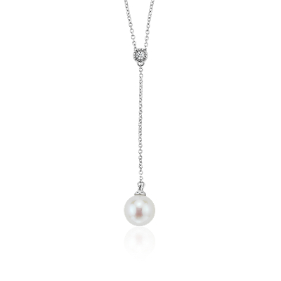 Freshwater Cultured Pearl Lariat Necklace with Bezel-Set Diamond in 14k ...