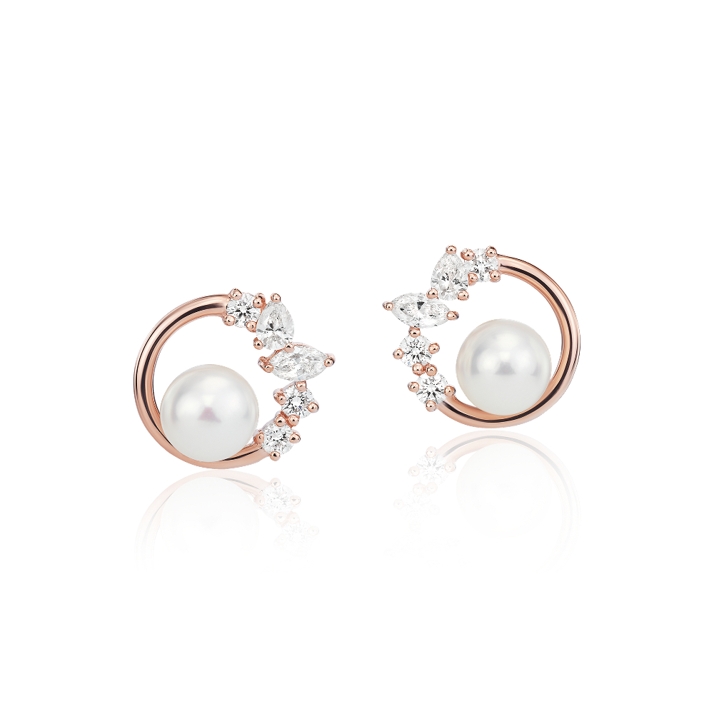 "Freshwater Cultured Pearl and Mixed-Shape Diamond Earrings in 14k Rose Gold (5-6mm)"
