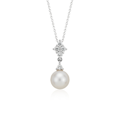 Freshwater Cultured Pearl and Quad Diamond Pendant in 14k White Gold ...