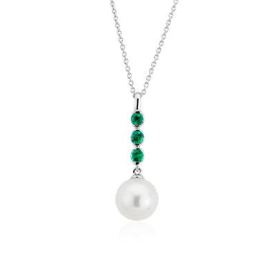Freshwater Cultured Pearl and Emerald Drop Pendant in 14k White Gold