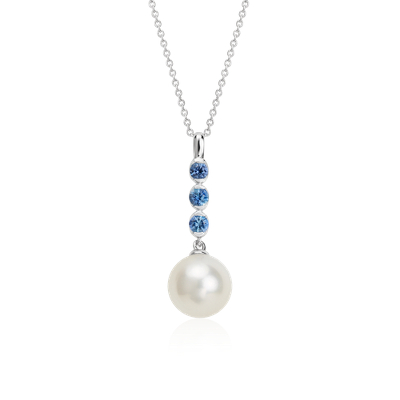 Freshwater Cultured Pearl and Sapphire Drop Pendant in 14k White Gold ...