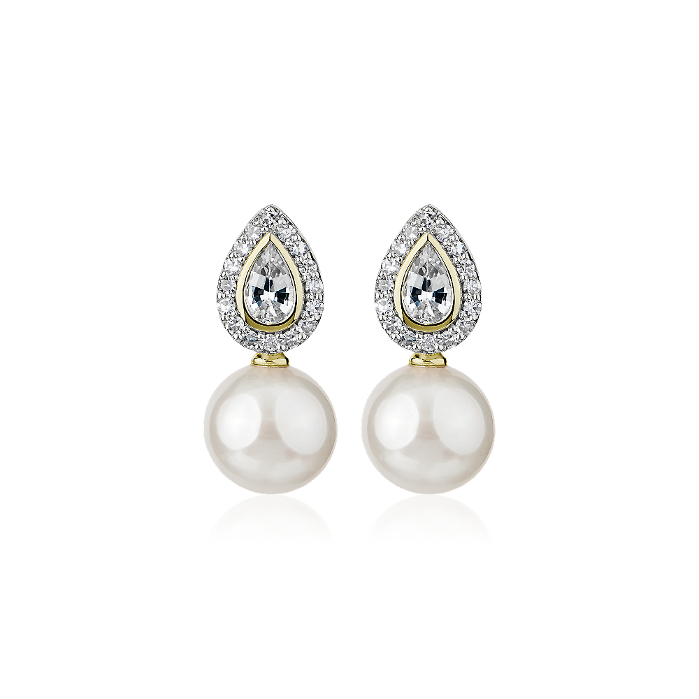 "Freshwater Pearl and White Sapphire Drop Earrings in 14k Yellow Gold"