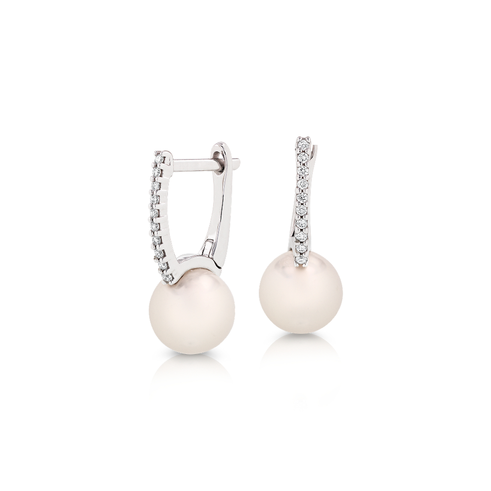 "Freshwater Cultured Pearl Huggie Earrings with Diamond Detail in 14k White Gold (7.5-8mm)"