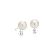 Boucles d’oreilles diamant et perle de culture d’eau douce en or blanc 14 carats(7,0-7,5 mm)