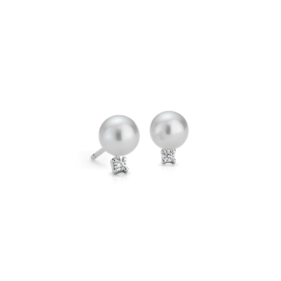 Freshwater Cultured Pearl and Diamond Stud Earrings in 14k White Gold ...
