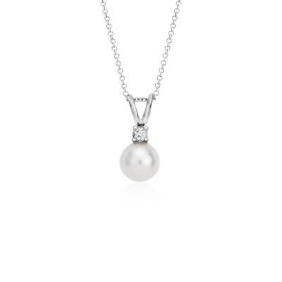 Freshwater Cultured Pearl and Diamond Pendant in 14k White Gold (7.0-7 ...