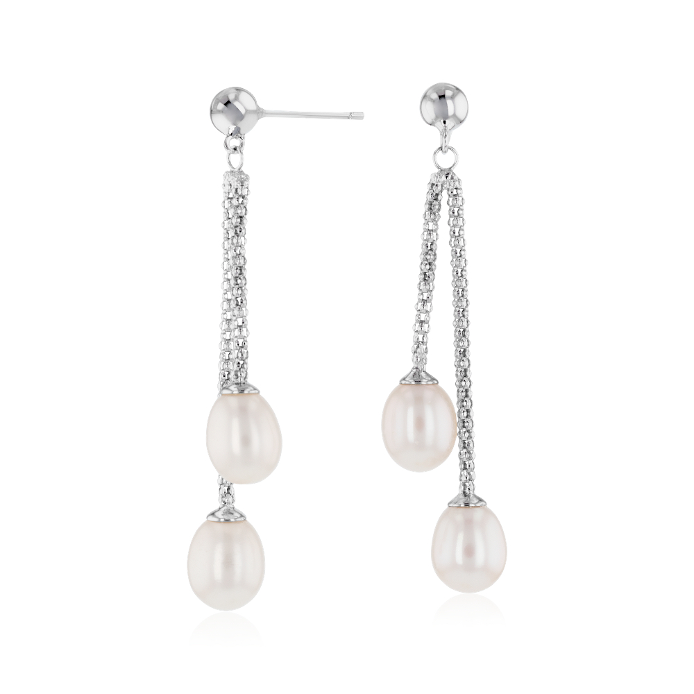 "Freshwater Cultured Pearl Double Drop Earrings in Sterling Silver (7.5-8mm)"