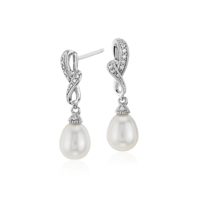 Freshwater Cultured Pearl and Diamond Drop Earrings in 14k White Gold ...