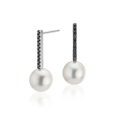 Freshwater Cultured Pearl Earrings with Black Diamond Drop in 14k White Gold (8.5-9mm)