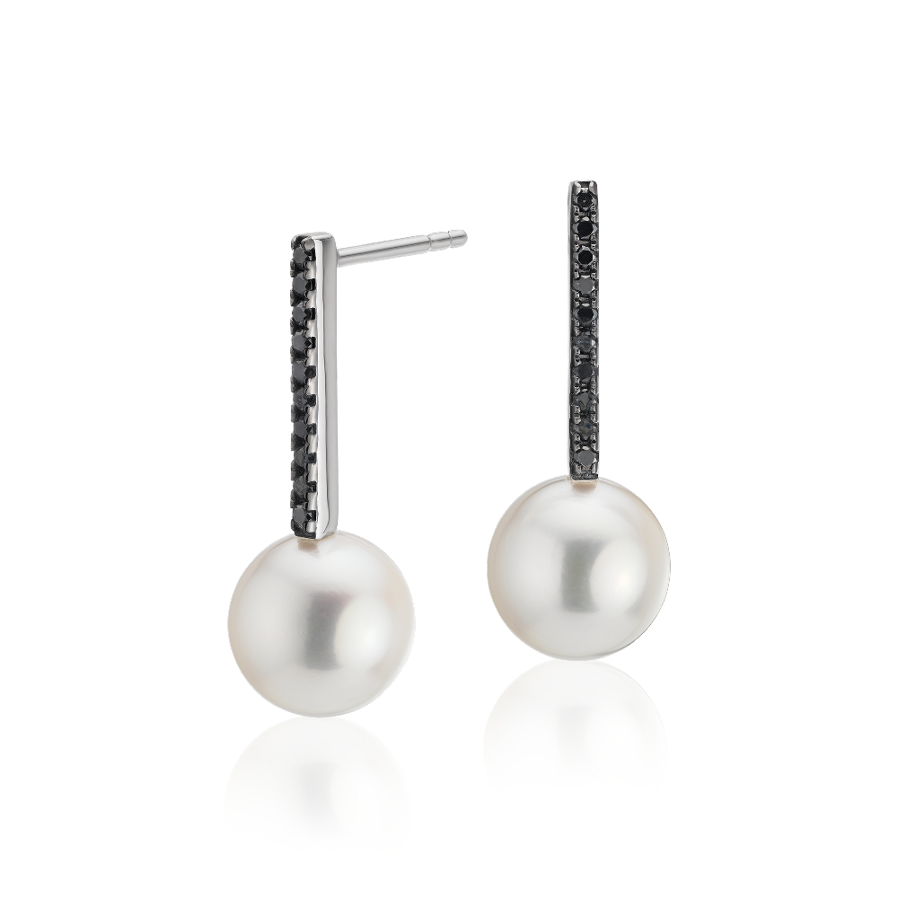 "Freshwater Cultured Pearl Earrings with Black Diamond Drop in 14k White Gold (8.5-9mm)"