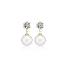 NEW Freshwater Pearl Drop Earring With Hexagon Diamond Detail in 14k Yellow Gold
