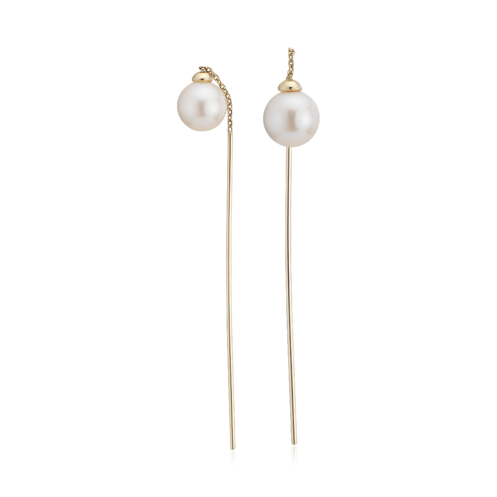 "Front-Back Freshwater Cultured Pearl Drop Threader Earring in 14k Yellow Gold (6-7mm)"