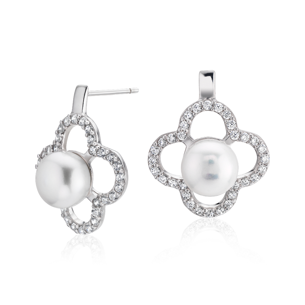"Freshwater Cultured Pearl Earrings with White Topaz Clover Halo in Sterling Silver (8-9mm)"