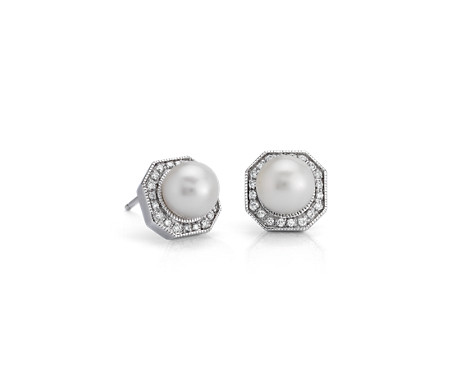 pearl earrings gold diamond halo stud hexagon freshwater 14k bluenile 7mm cultured