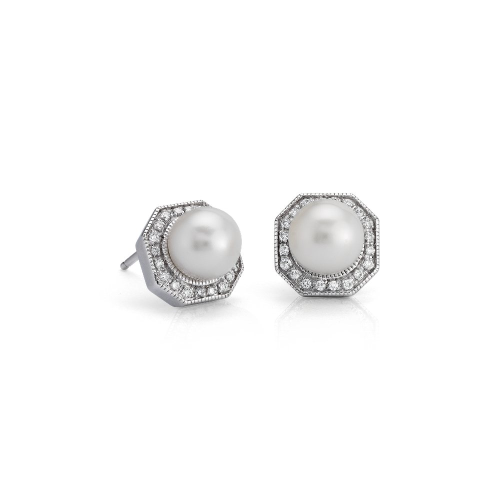 "Freshwater Cultured Pearl Stud Earrings with Diamond Hexagon Halo in 14k White Gold (6-7mm)"
