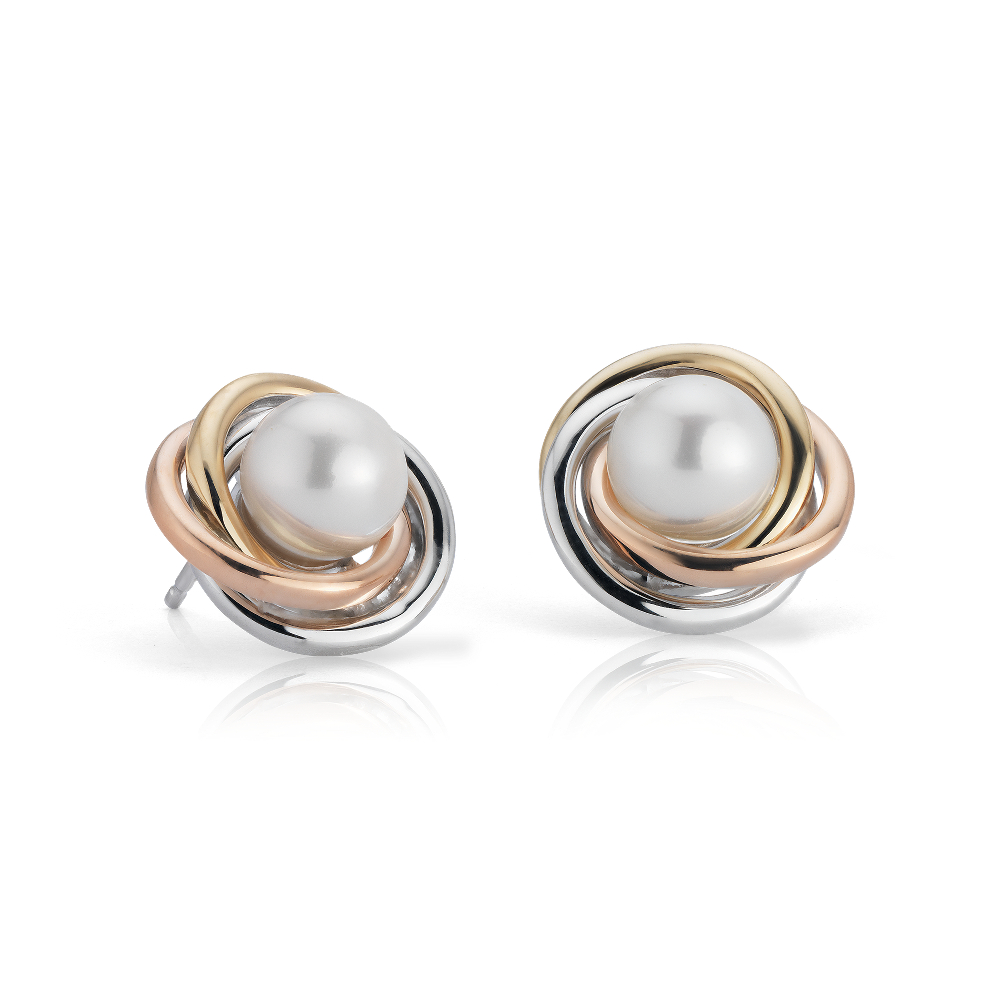 "Tri-Color Love Knot Earrings with Freshwater Cultured Pearls in 14k White, Yellow and Rose Gold (6-7mm)"