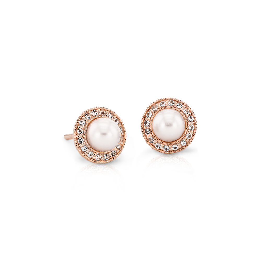 "Vintage-Inspired Freshwater Cultured Pearl and White Topaz Halo Earrings in 14k Rose Gold (5mm)"