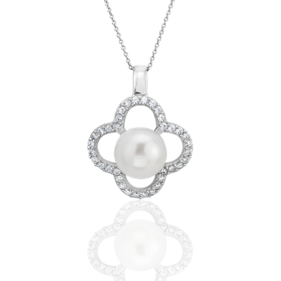 Freshwater Cultured Pearl Pendant with White Topaz Clover Halo in ...