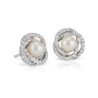 Freshwater Cultured Pearl and White Sapphire Stud Earrings in 14k White ...