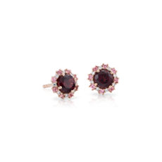 Garnet Earrings with Pink Tourmaline and Diamond Halo in 14k Rose Gold (5mm)