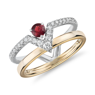 Bague Geometrique Double Anneau Diamant Et Rubis En Or Rose Et Or
