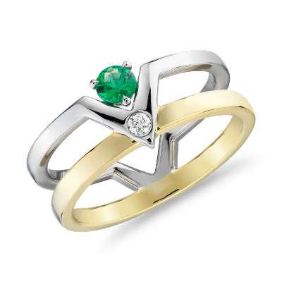 Bague Geometrique Double Anneau Diamant Et Emeraude En Or Blanc Et