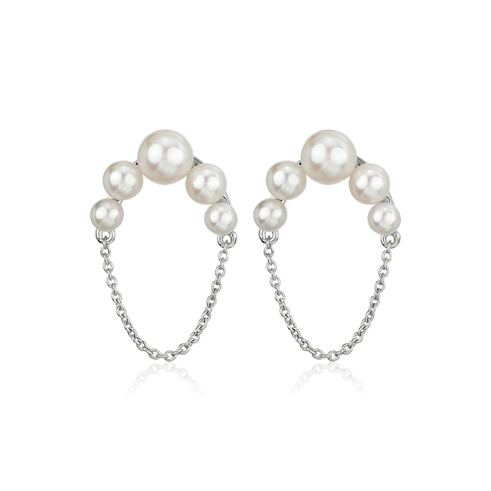 "Graduated Freshwater Pearl Stud Earring with Half-Circle Chain in Sterling Silver"