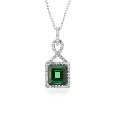 Green Tourmaline and Micropavé Diamond Halo Twist Pendant in 18k White ...