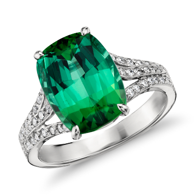 Green Tourmaline and MicropavÃ© Diamond Ring in 18k White