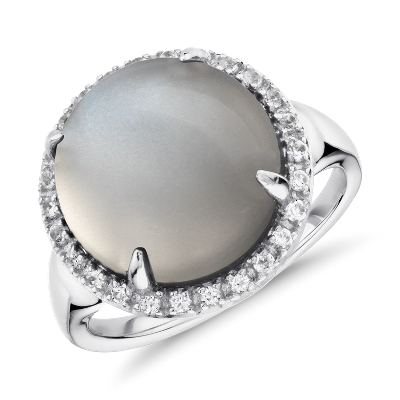 Gray Moonstone and White Topaz Round Halo Ring in Sterling ...