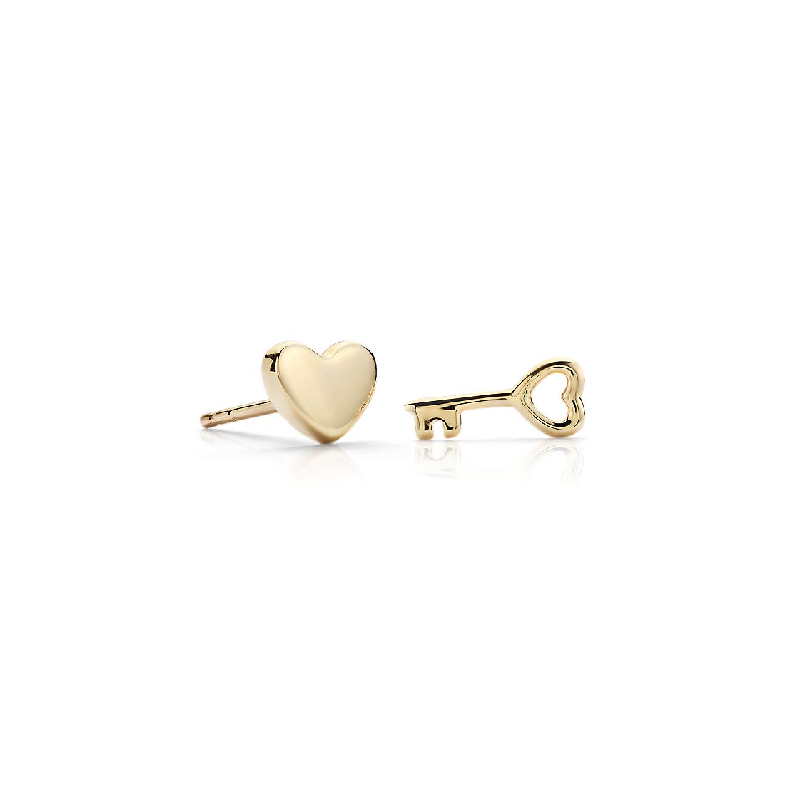 Heart and Key Mismatched Stud Earrings in 14k Yellow Gold 