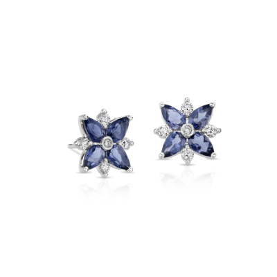 Iolite and Diamond Cluster Stud Earrings in 14k White Gold | Blue Nile