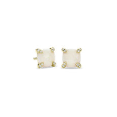 新款 14k 黃金墊形蛋白石與鑽石裝飾耳環 （7 毫米）