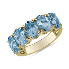 新款 14k 金五石椭圆形海蓝宝石戒指（7x5 毫米）