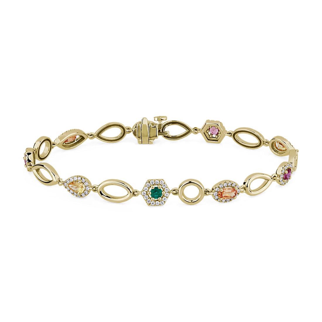Alternating Multicolor Gemstone and Open Link Bracelet in 18k Yellow Gold